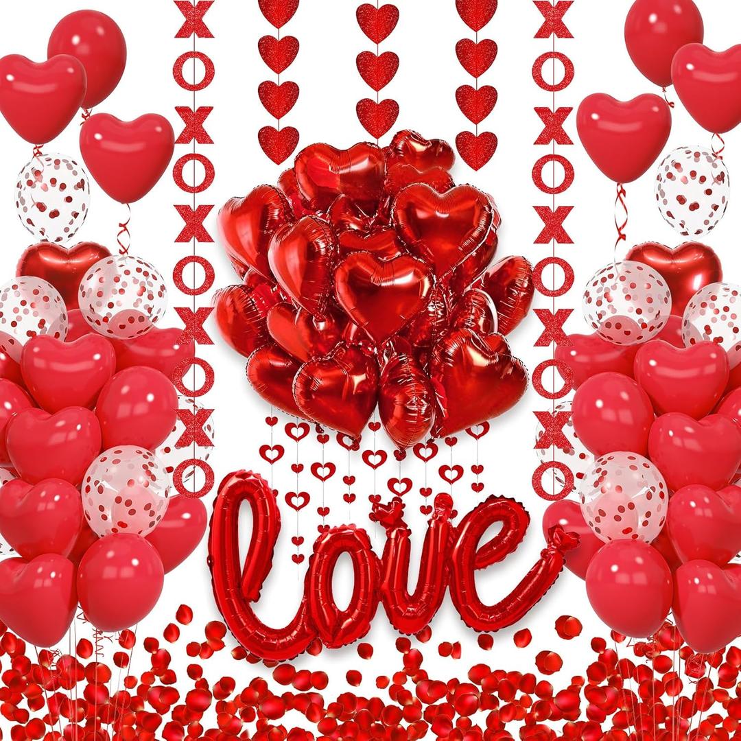 2 x 114Pcs Red Valentines Day Decorations with I Love You Banner Foil Red Heart Love Balloons 1000Pcs Rose Petals Hanging Heart Garlands for Wedding Anniversary Decor Romantic Proposal Day Decorations