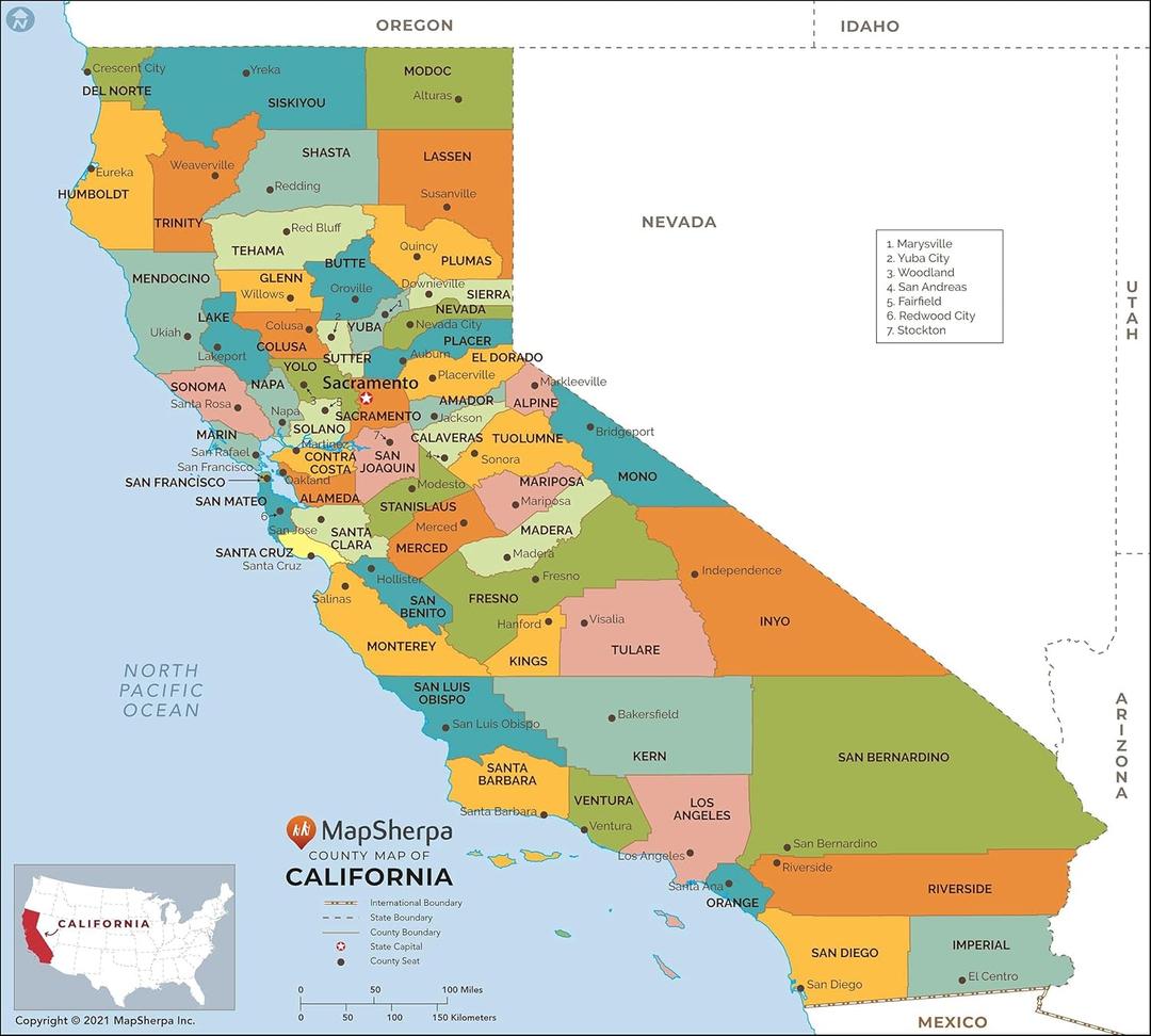 California Counties Map - Large - 48" x 43.25" Laminated