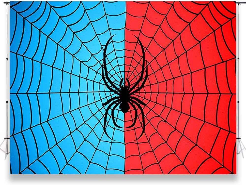 7x5ft Spider Backdrop Spider Web Blue and Red Photography Backdrop Boys Birthday Party Cake Table Decorations Photo Props KUBDJ539