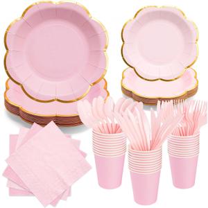 Pink Paper Plates and Napkins Party Supplies for 24 Guest, 168Pcs Pink Scalloped Mother's Day Party Plate with Gold Rim, Pink Disposable Plates Set for Girls Birthday Party Baby Shower Gender Reveal