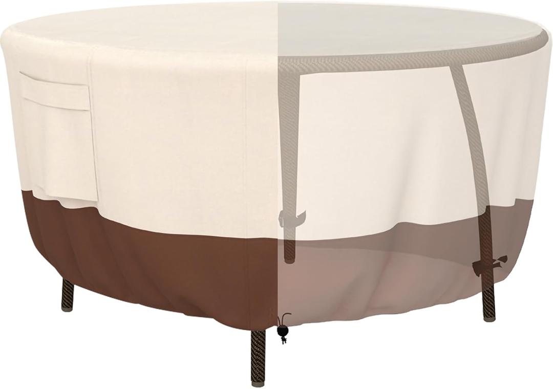 Tuyeho Round Patio Furniture Cover, Durable Oxford Fabric for Outdoor Round Table, Waterproof, UV & Rip Resistant Patio Table and Chairs Set Cover, 110"DIA x 28"H Beige & Brown