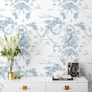 CiCiwind Peel and Stick Wallpaper Blue and White Toile Wallpaper Vintage Removable Waterproof Wall Paper for Bathroom Bedroom Living Room French Contact Paper for Cabinets Vinyl Rolls 17.3"×197"