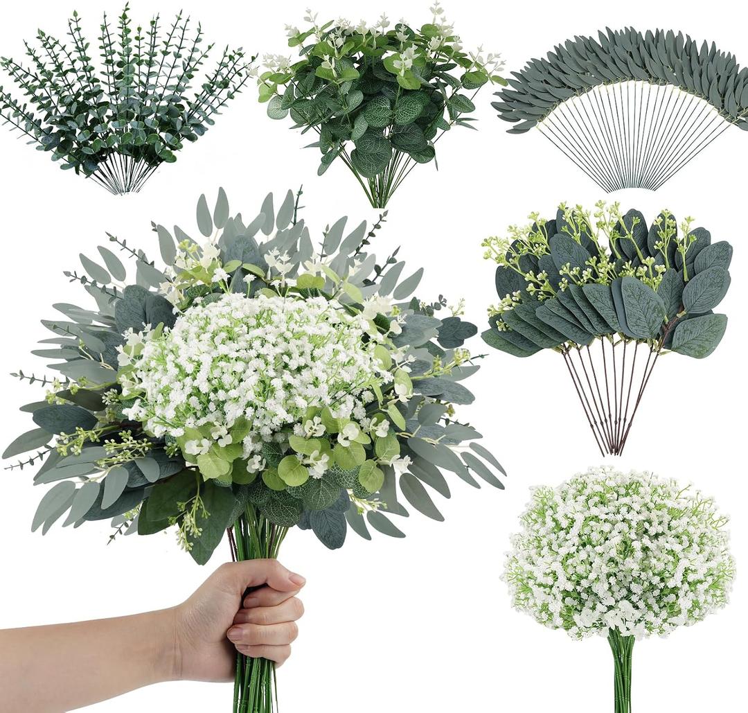 N&T NIETING 120Pcs Artificial Mixed Eucalyptus Stems Leaves Bulk, Faux Greenery Stems Branches with Baby Breath Silver Dollar Fake Eucalyptus Sprays for Wedding Decor Vase Bouquet Floral Arrangement