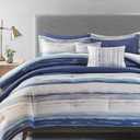Madison Park Marina Comforter Quilt Combo Set - Modern Luxury Design, All Season Down Alternative Bedding, Matching Shams, Decorative Pillows, Full/Queen(90"x90"), Seersucker Blue 8 Piece