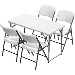 Elevon Folding Table Set with 4 White Folding Chairs,4 Feet Heavy Duty Fold-in-Half Utility Table Sets for Picnic, Event, Training, Outdoor Activities, at Home and Commercial Use