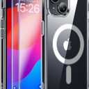 JAME for iPhone 15 Case Clear, iPhone 15 Magnetic Case with 2*Glass Screen Protectors, Compatible with Magsafe, Not Yellowing, Shockproof Slim Fit Transparent Phone Case for iPhone 15, 6.1 inch, Clear