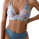 Fanuerg Women's Sexy V Neck Bikini Sets Hollow Out Two Piece Swimsuits Cutout Mid Waist Bathing Suit (Medium, Floral Grey Blue)