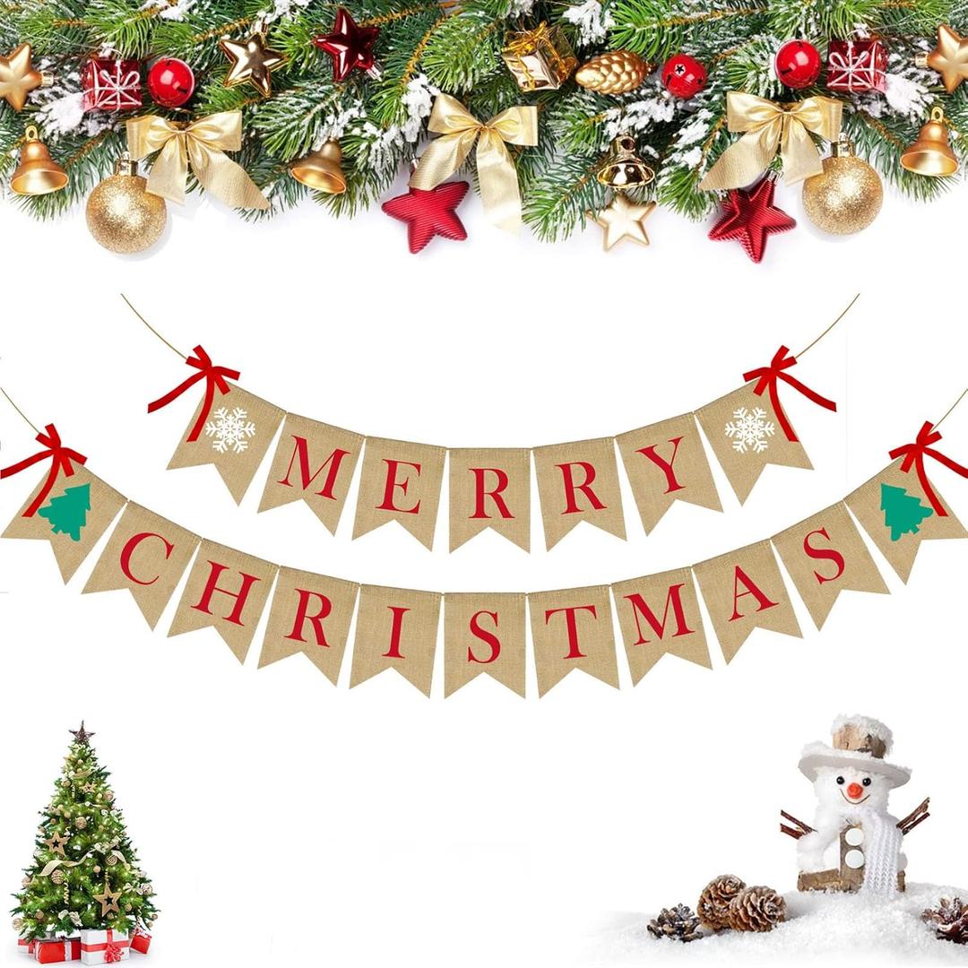 PACETAP Merry Christmas Burlap Banner with 4 Red Bows, Home Indoor Christmas Decorations for Fireplace, Chimney, Wall, Tree