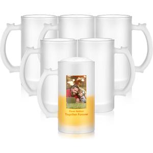 Mifoci 6 Pcs Sublimation Blank Beer Mugs Personalized Tazas Para Present 16 oz Frosted Beer Glass Cups Can Add Photo Text or Images on Gift for Dad Husband Groomsmen Father's Day Wedding Oktoberfest, Medium