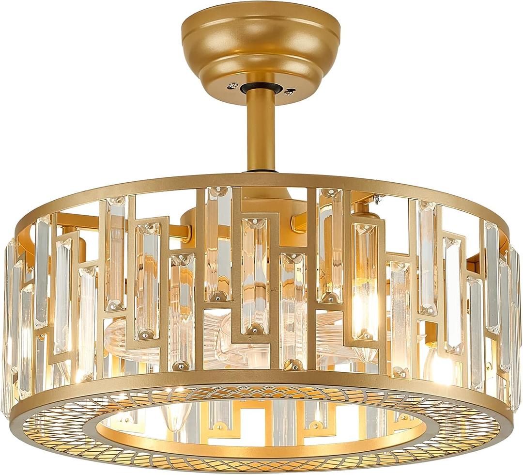 Gold Crystal Fandelier Kitchen Caged Ceiling Fan Light for Bedroom with Remote Control Modern Bladeless Brass Ceiling Fan Lighting Fixture for Dining Room Living Room