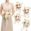 Ling's moment Artificial Bridesmaid Bouquets Set of 4,Boho Wedding Flower Bouquets White Beige Floral Bouquet Ivory Bridesmaid Bouquets with Ribbon Ceremony,Anniversary,7-inch Diameter