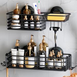 LEVERLOC Shower Caddy Suction Cup, 2 Pack Shower Shelves for Inside Shower with Hooks & Soap Holder, NO-Drilling Bathroom Shower Organizer, Rustproof Meatl Shower Holder Storage, Black LEVERLOC Shower Caddy Suction Cup, 2 Pack Shower Shelves for Inside Shower with Hooks & Soap Holder, NO-Drilling Bathroom Shower Organizer, Rustproof Meatl Shower Holder Storage, Black
