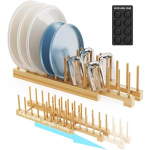 Bamboo Dish Rack - Expandable Plate Rack & Dish Drying Rack for Kitchen Cabinet Storage, Adjustable Multi-Functional Design Organizer for Plates, Bowls, Cups, Pots, Cutting Boards (Natural Bamboo)