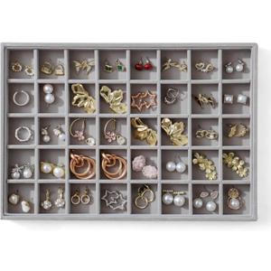 Large Jewelry Organizer for Drawer Insert Velvet Stackable Jewelry Trays for Earring Necklace Bracelet Ring Display (Gray, 40 Grids)