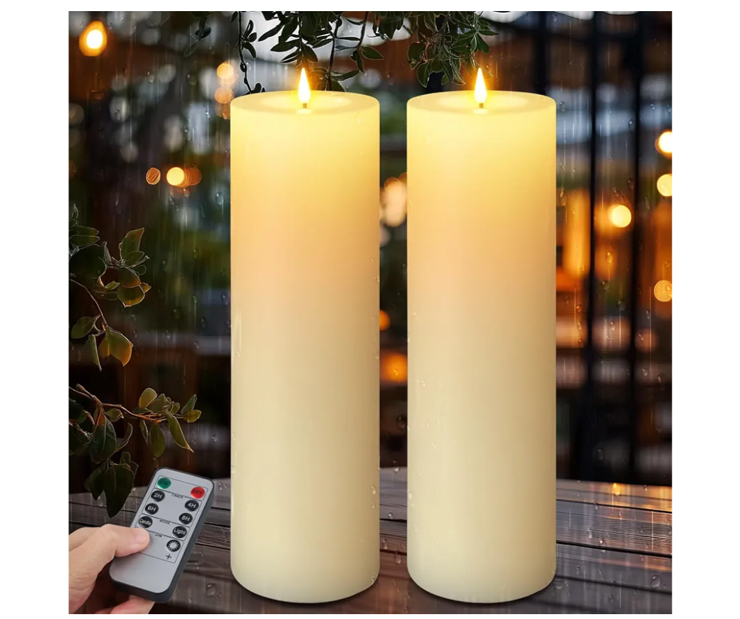 14" x 4" Large Outdoor Candles, Waterproof Flickering LED Flameless Candles with Timer, Battery Operated Candles with Remote Control Realistic Fake Pillar for Patio Porch Lanterns, Ivory 2 Pack