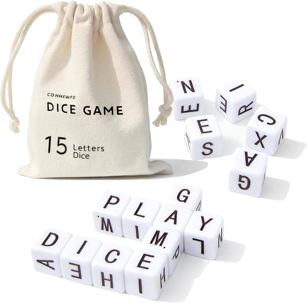 Full Alphabet Crossword Dice Game, Word Game, 15 Large Lettered Dice, Word Dice Game for Family Games, Travel & On-The-Go Fun