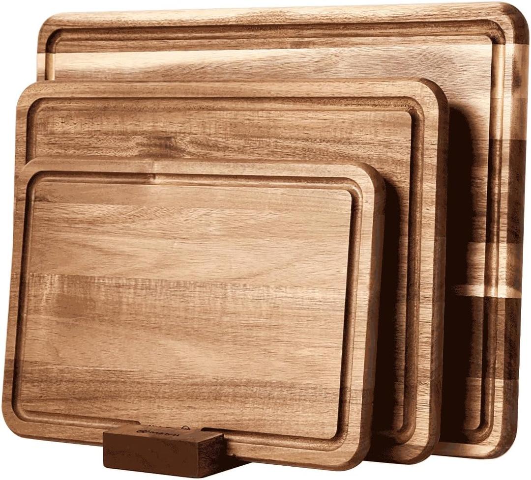 Wood Cutting Board Set of 3 for Kitchen, Acacia Wooden Cutting Boards, Thick Chopping Board with Deep uice Groove Butcher Block, Wooden Trays for Meat, Fruit and Cheese