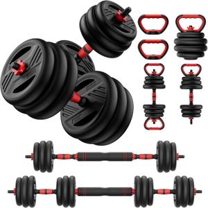 Cvonte Adjustable Dumbbell Set, 45lbs Free Weight Set With Double Locknut, 5-in-1 Dumbbells Set Includes Barbell, Kettlebells, Push up Stand, Fitness Exercise for Home Gym Suitable Men/Women