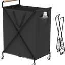 Foldable Metal Laundry Basket with Wheels, 2-Section Rolling Laundry Hamper, 37 Gallons (140L), Only 4LB, Removable Liner, Steel Frame with Handle