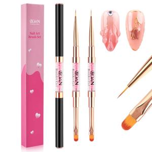 BQAN 2Pcs Dual-ended Nail Art Brush, Builder Gel & Hard Gel Brush for Design, Liner & Oval Brushes with Rhinestone Handle, Professional Nails Art Tools