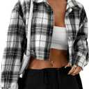 SweatyRocks Women's Cute Color Block Long Sleeve Crop Tops Plaid Button Down Blouse (XS)