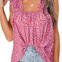 PRETTYGARDEN Boho Floral Tank Tops for Women, Shirred Straps Pleated Summer Casual Sleeveless Shirts Tops Beach Blouses, M