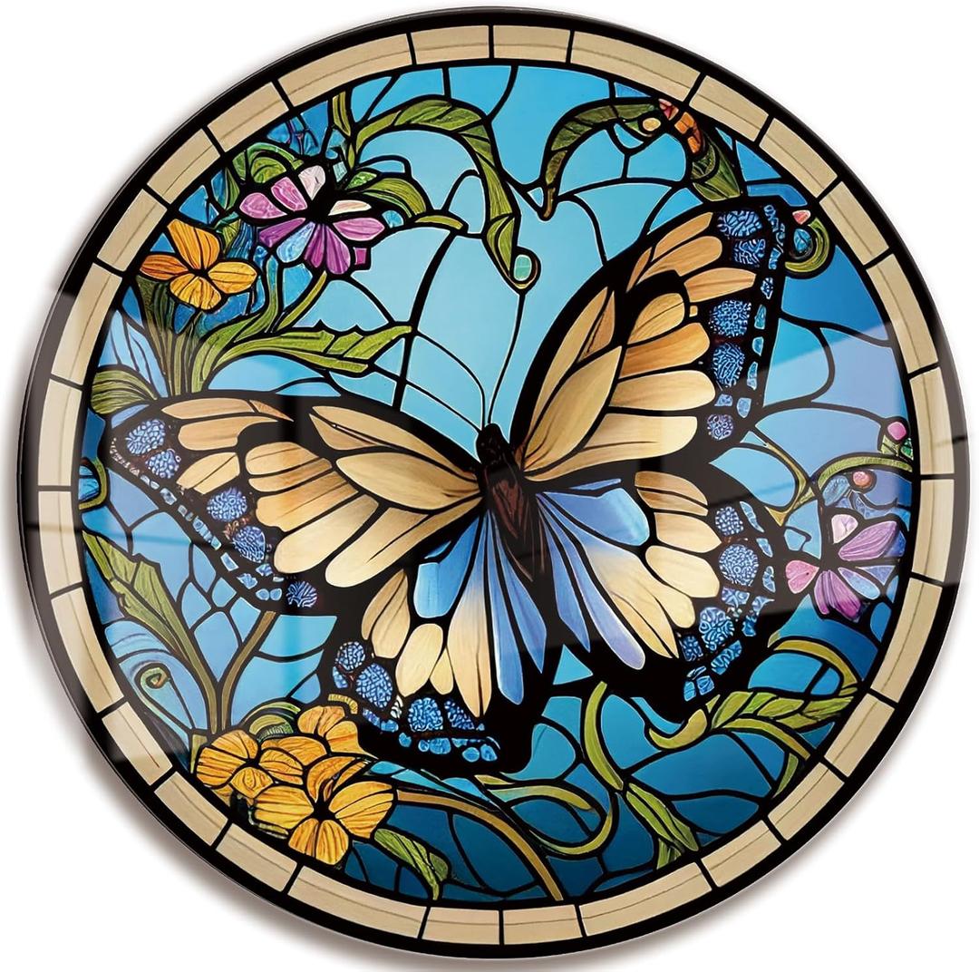 LMSDYSHU Butterflies and Mosaic patterns,Tempered Glass Wall Art,unframed，Easy to clean,18"（45.72cm） Diameter (blue)