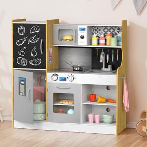 TOOKYLAND Wooden Kitchen Set for Kids, Wooden Chef Play Kitchen for Toddler 3-5 with Sink,Oven,Range Hood,Stove,ice Maker and Microwave, Kids Kitchen Playset for Toddlers
