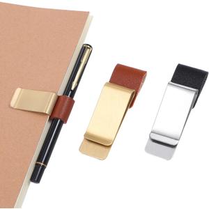 2 Pcs PU Leather Retro Notebook Pen Clips Metal Pen Loop Holder Sleeve - Silver & Gold
