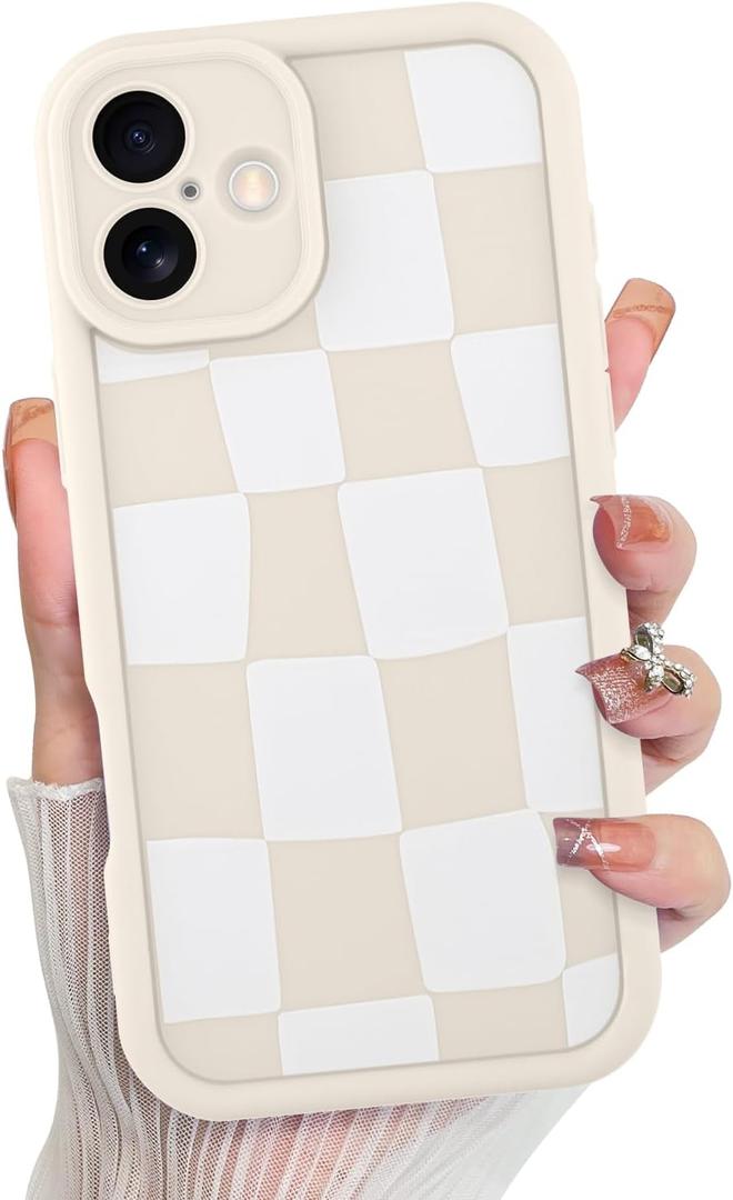 KANGHAR Compatible with iPhone 16 Plus Case, Silicone Checkered Cute Pattern, Camera Protection Soft Slim Shockproof Edge Phone Case for Girls Women -White