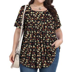 PEVRL Plus Size Tops for Women Summer 2025 Short Sleeve Shirts Tunics Square Neck Casual Loose Blouses Champagne flower 5XL