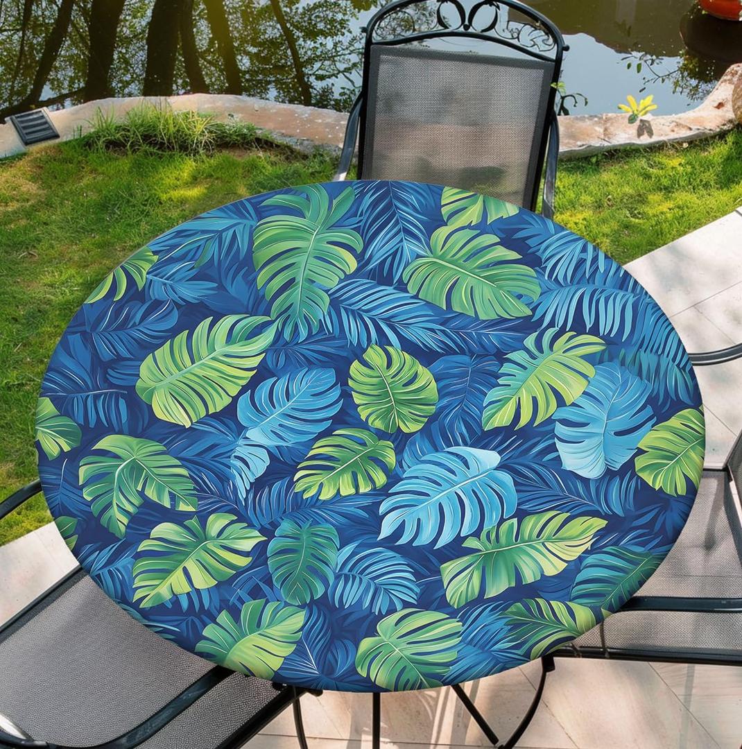 Round Fitted Tablecloth with Elastic Edged, Fall Tablecover Leaves, Waterproof Wipeable Round Table Cover for Party, 54"-58", 60Inch (F-palm Tree)