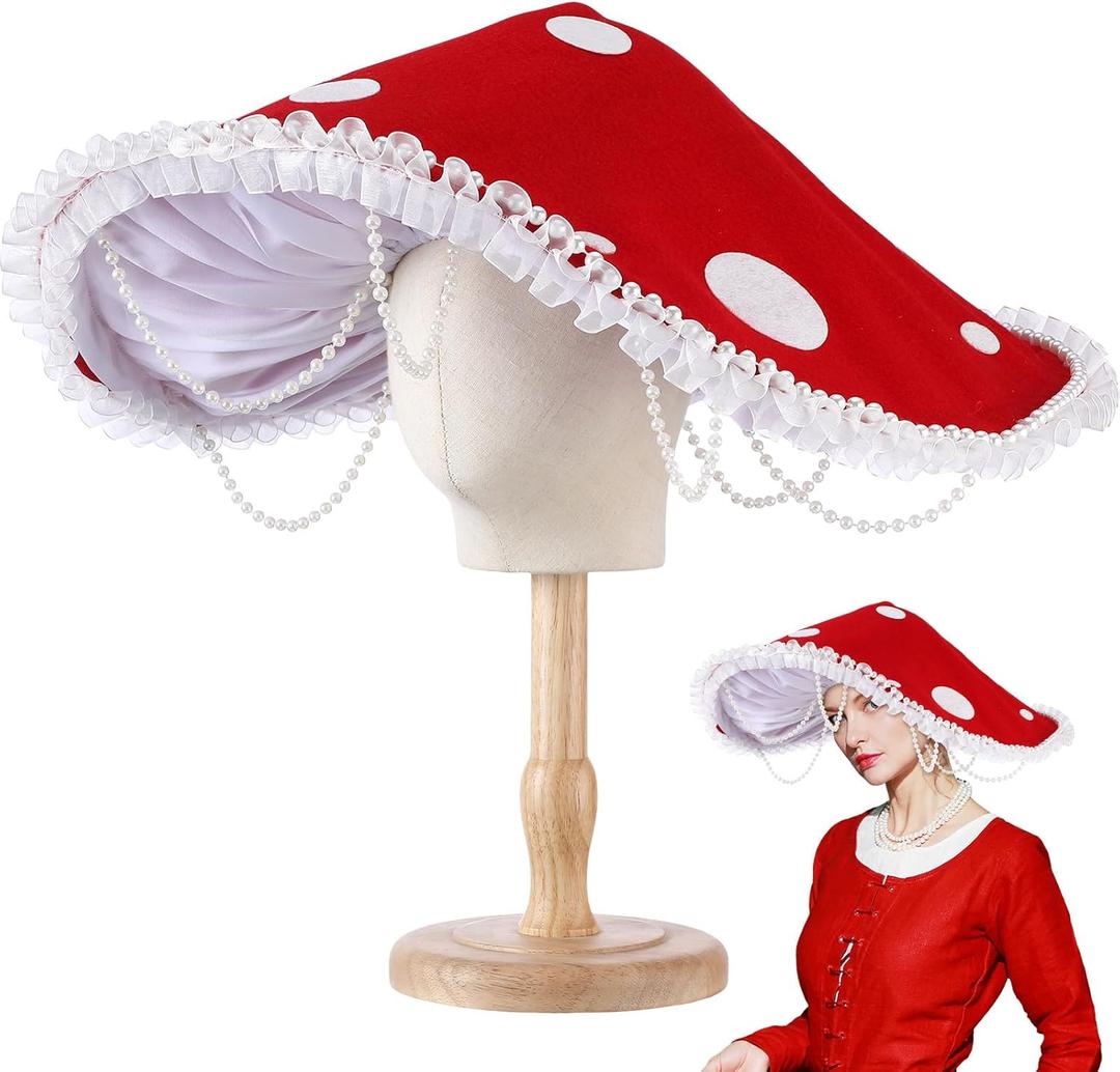Mushroom Hat Renaissance Medieval Costume Cosplay Victorian Fairy Accessories with Bead Lace Brim Cap (Red)