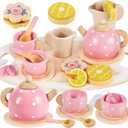 BUYGER Kids Wooden Tea Party Set for Little Girls Toddler Pretend Play Food Kitchen Accessories Princess Birthday Gifts for Ages 3 4 5 Years Old