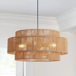 3-Tier Large Rattan Chandeliers, 23.6in Boho Coastal Pendant Lights, Hand Woven Hemp Rope Lighting Fixture, Wicker Hanging Ceiling Lights for Dining Room, Kitchen, Living Room (Q7-Brown)
