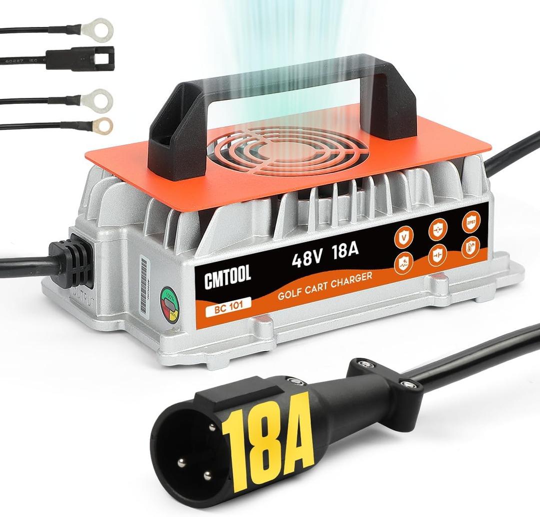 CMTOOL 18 AMP 48 Volt Golf Cart Battery Charger for Club Car, IP67 Waterproof Fully Automatic 48V Trickle Charger, 3-Pin Round Plug, for Lead-Acid Batteries