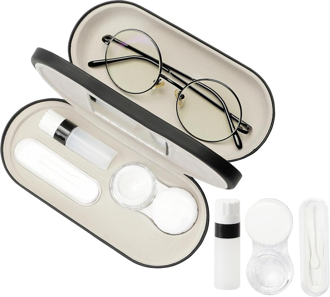 Eyeglass Case Double Sided Travel Size Cute Portable Contact Lens Box 2 in 1 Multifunction With Tool for Daily Outdoor Office, Black