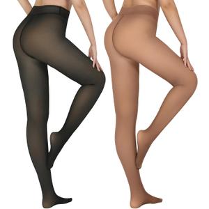 X-CHENG 2 Pairs Fleece Lined Tights Women-Thermal Pantyhose leggings Women,Fake Translucent Skin Colored Tights for Winter S