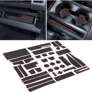 SENSHINE for Ford F150 Accessories 2021 2022 2023 2024 2025 Non-Slip Cup Holder Insert Center Console Shifter Liner Trim Door Packet Mats Custom Interior 40-pc Set (Bucket SuperCrew)(Red Trim)