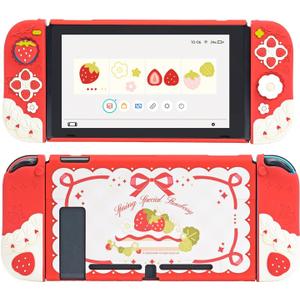 GeekShare Protective Case for Switch Slim Cover Case Compatible with Switch Separable Soft Silicone Protective Shell for Joysticks with 2 Thumb Grip Caps- Strawberries with Cream (Red)