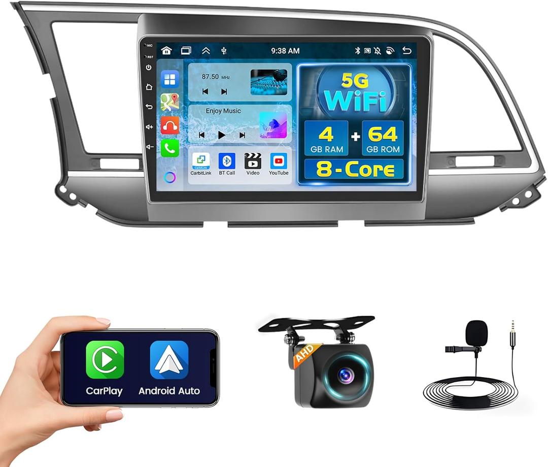 8 Core 4+64GB Android 15 Car Stereo for Hyundai Elantra 2015-2018 Wireless Carplay Android Auto, 9'' Touchscreen Car Radio with GPS, WiFi, 32EQ DSP, 59 UI, Bluetooth, FM RDS, Backup Camera