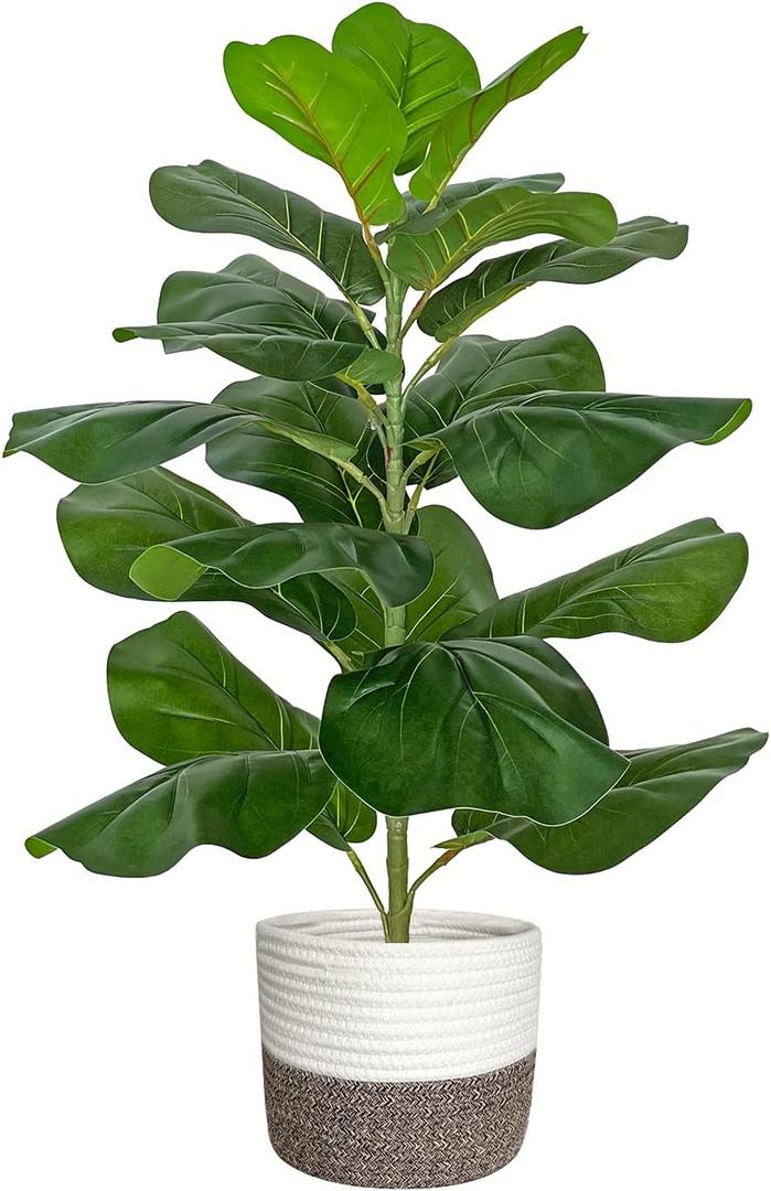 Artificial Fiddle Leaf Fig Tree/Faux Ficus Lyrata for Home Office Decoration, 30.5" Tall, with Cotton Rope Basket (White and Brown Basket)