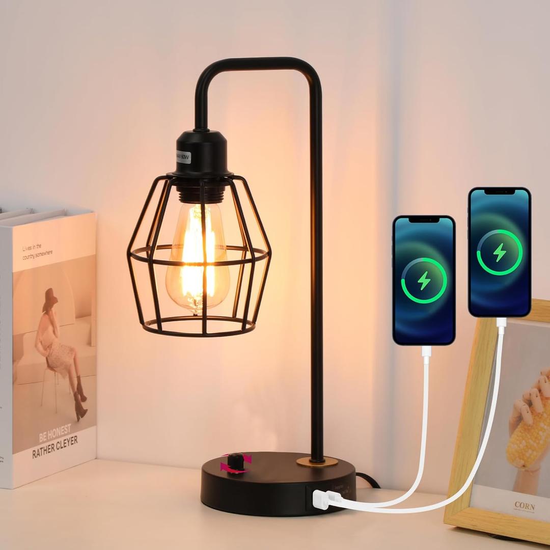 Industrial Dimmable Table Lamps, Modern Black Bedside Lamp with USB A+C Outlet Charging Ports, Farmhouse Lamp with Metal Cage Shade for Bedroom, Office, Living Room, Bulb Included