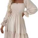 LYANER Women's Square Neck Lantern Long Sleeve Ruffle Shirred Flowy Party Mini Dress Size S