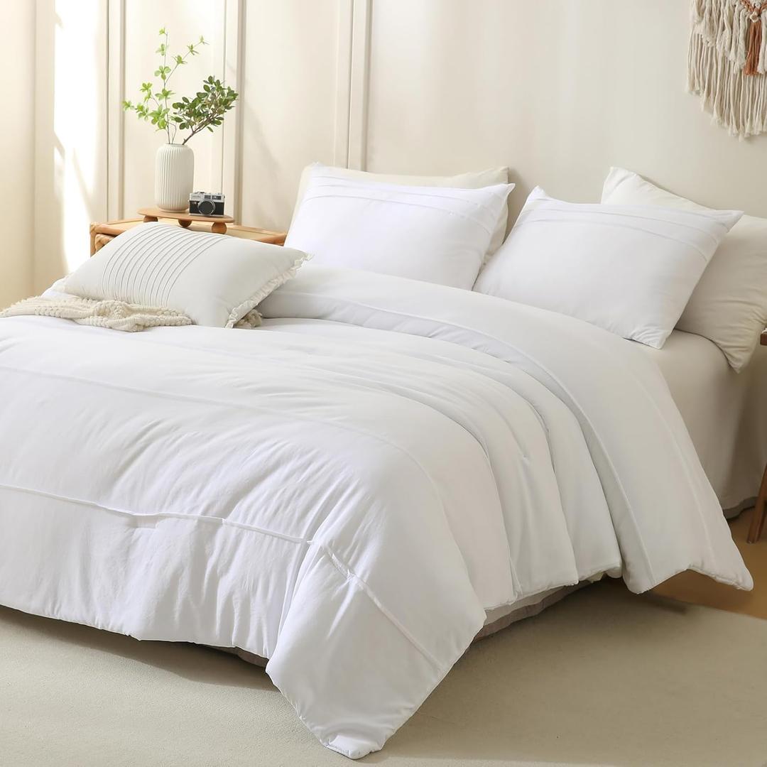 Masaca Oversized King Comforter 128x120,White Pinch Pleat Bedding Comforter,3 Pieces Vintage Farmhouse Lightweight and Soft Boho Bedding Set for All Season
