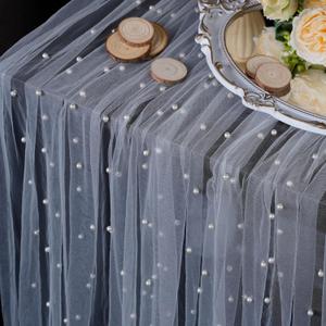 OSVINO White Pearl Wedding Arch Decorations Romantic Bridal Veil Lace Fabrics Dessert Table Cloth 63x120 inches Long Beaded Tulle Chiffon Tablecloth Bridal Shower Holiday Birthday Party Table Decor
