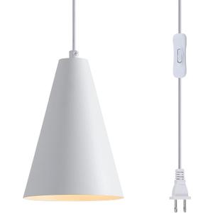 White Plug In Pendant Lights Kitchen Island,Dining Room Light Fixtures Over Table 1 Pack with Cone Metal Shade, Modern Farmhouse Mini Chandeliers with Cord On/Off Switch Hanging Lighting for Sink