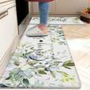 Green Kitchen Rug Anti Fatigue Mats for Kitchen Floor Kitchen Rugs Sage Green Floral Herb Memory Foam Kitchen Mat Cushioned PVC Leather Kitchen Rug Set, 17.3x28+17.3x47 inchs