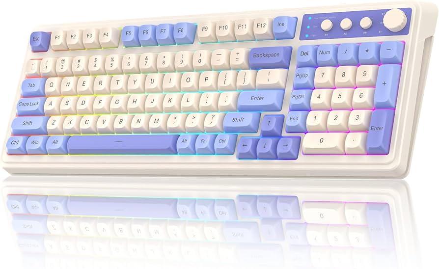 AULA 99 Key Keyboard, Tri-Mode Bluetooth/2.4GHz/USB-C Cute Creamy Gaming Keyboard with Number Pad RGB Backlit, Media Knob Custom Mechanical Feel Computer Keyboards for MAC Xbox PC Gamer - Purple