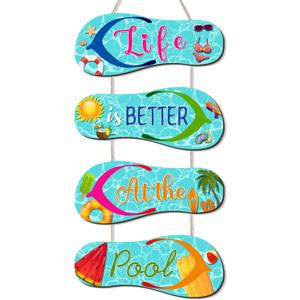 Wooden Beach Wall Hanging Decor Sign Flip Flop Pool Decorations Outdoor Wall Decorations Summer Ocean Sign for Home Summer Tropical Coastal (Blue)